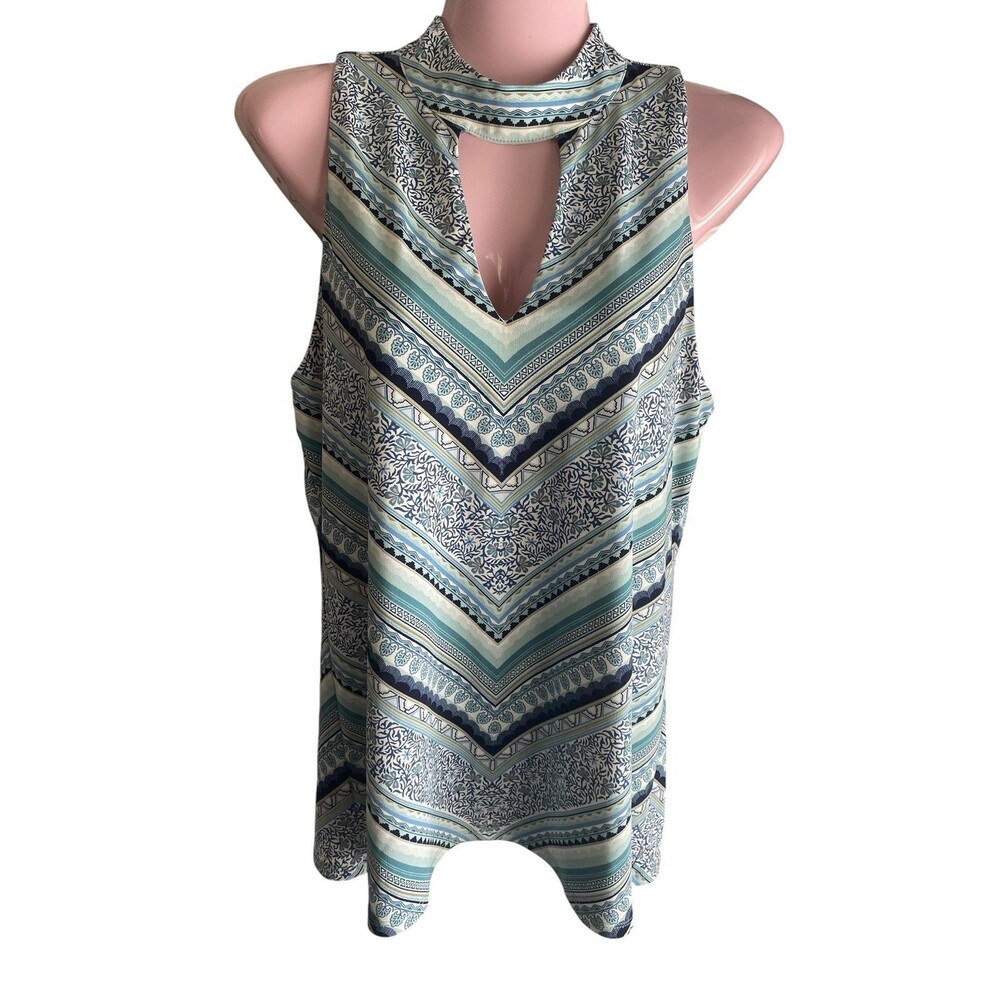 White House Black Market Tunic Tank Top Womens Small Blue Mock Neck Keyhole